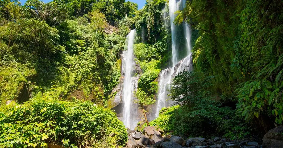 Sekumpul Waterfall in North Bali surrounded by tropical jungle